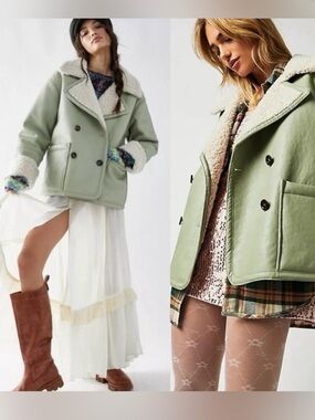 Free People Women's Faux Shearling Double-Breasted Jacket - Sage Green